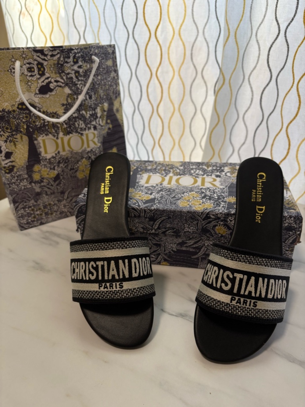 Christian Dior Black & White Logo Slide Sandals